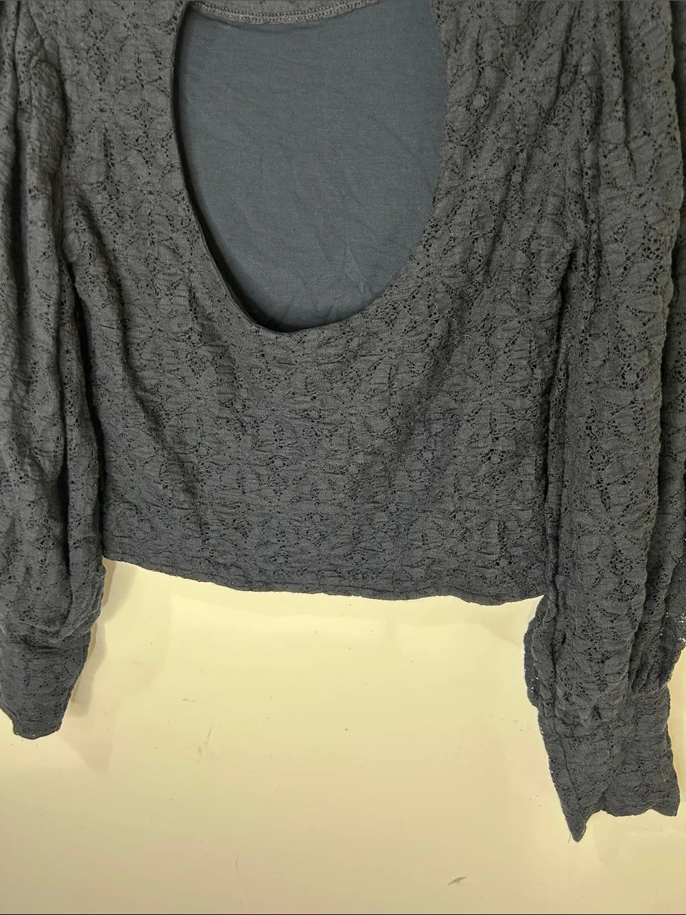 FREE PEOPLE Tea Time Lace Puff Sleeve Blouse Black Size Medium